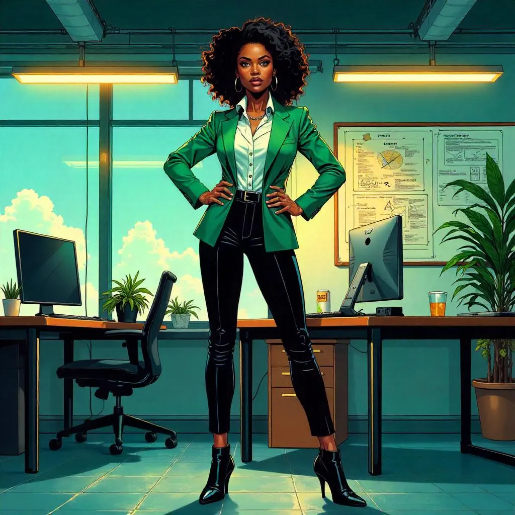 Confident Black Woman Hero in a Comic Office