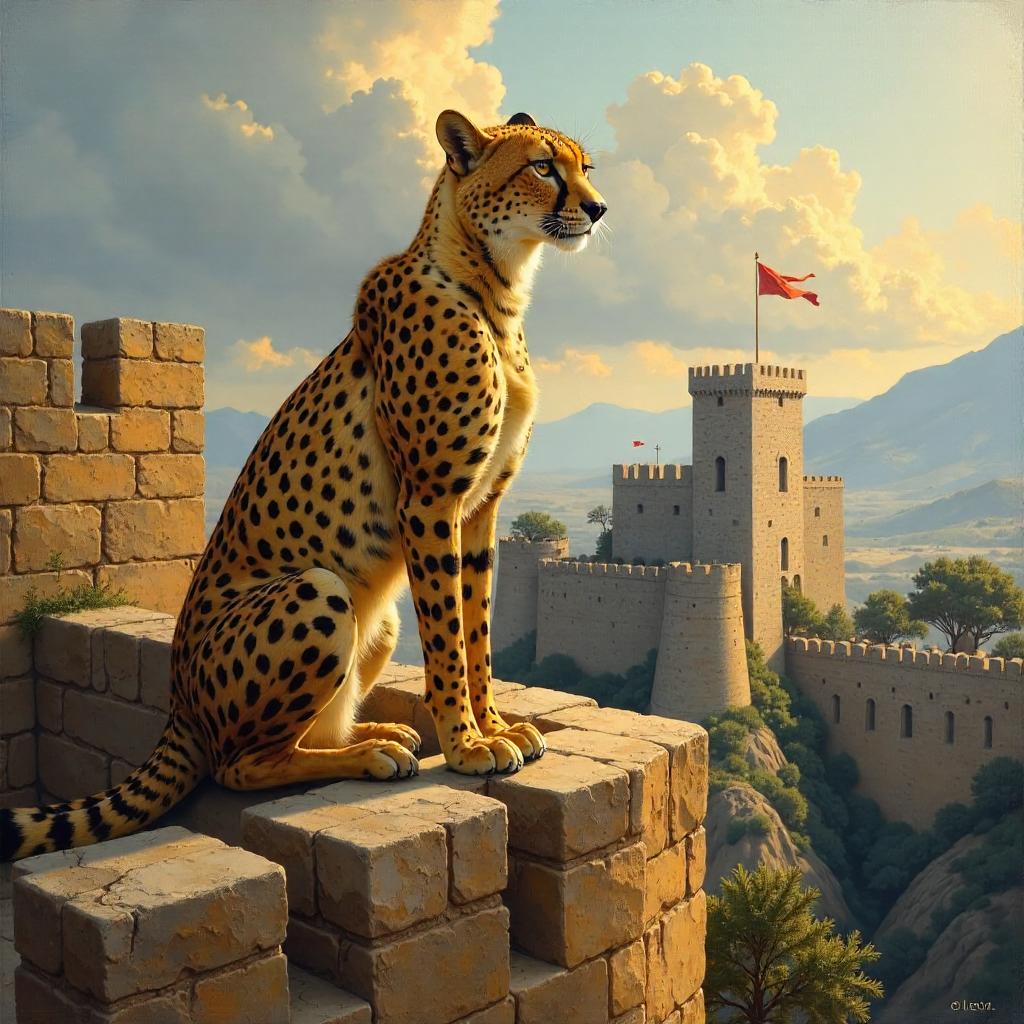 Cheetah on Castle Battlements — An Oil Painting