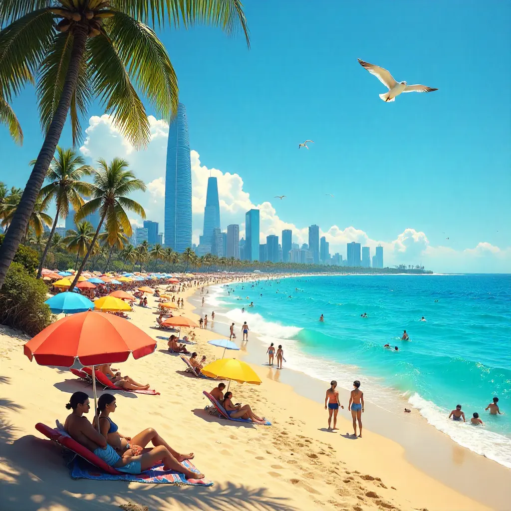 Lively Beachfront with Umbrellas and City Skyline