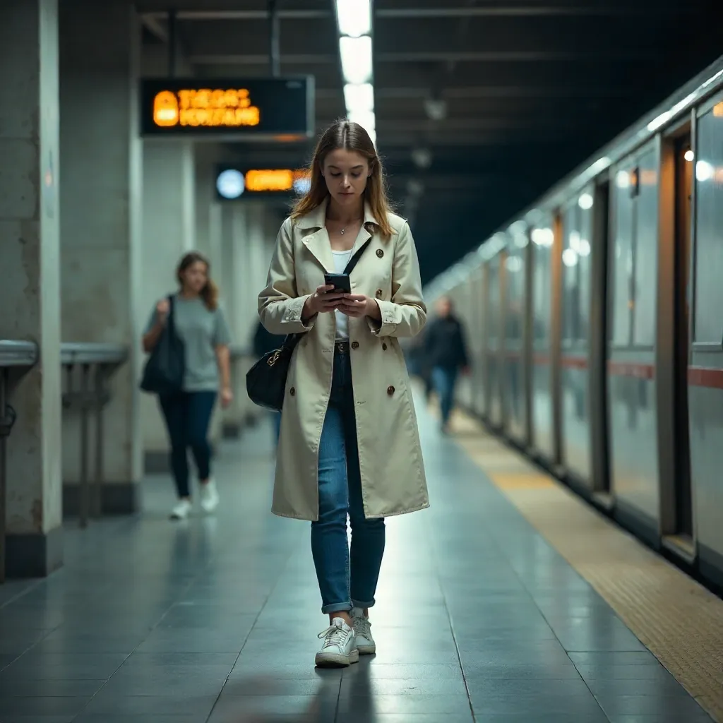 Young Woman Using Smartphone in Indoor Subway Station