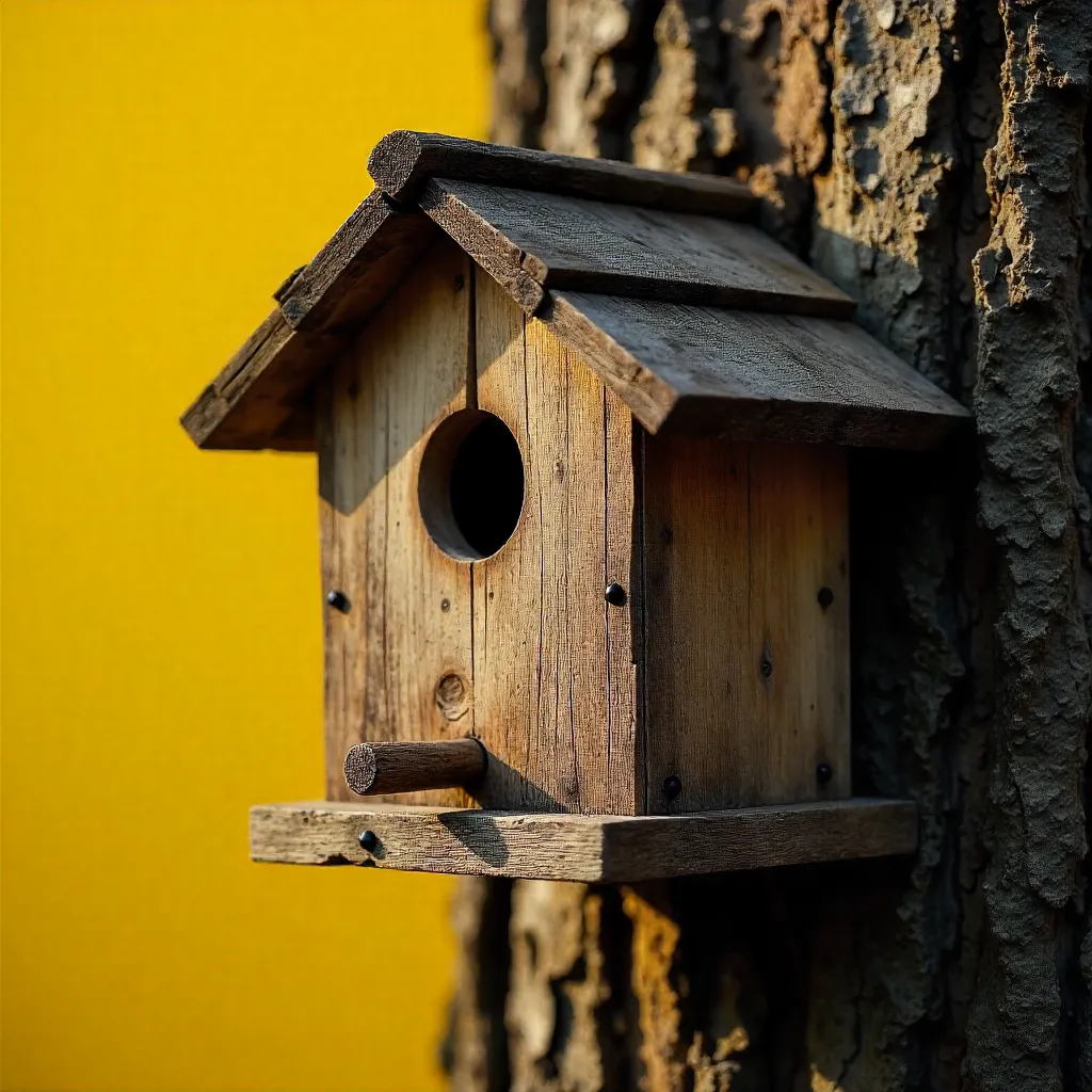 Rustic Wooden Birdhouse on a Bright Yellow Backdrop