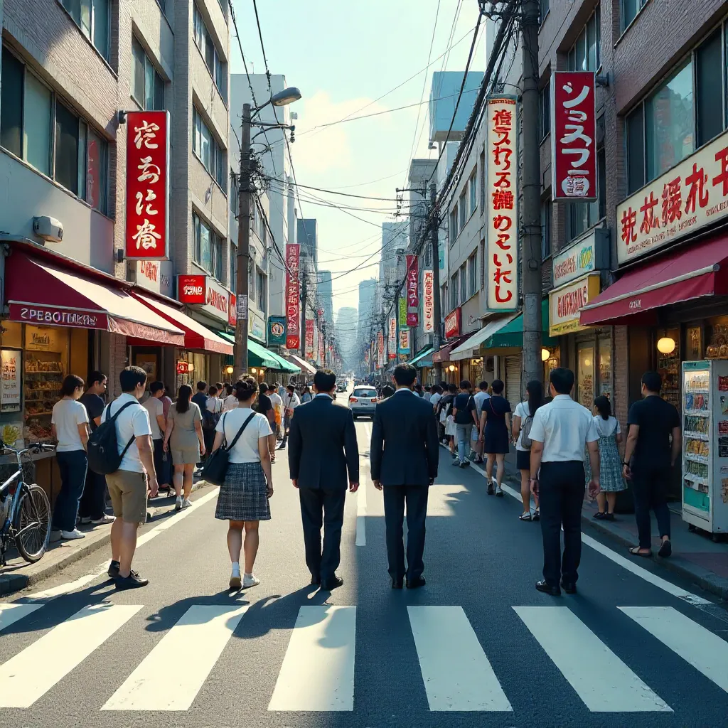 Daylight Busy Street in Japan with Pedestrians and Traffic