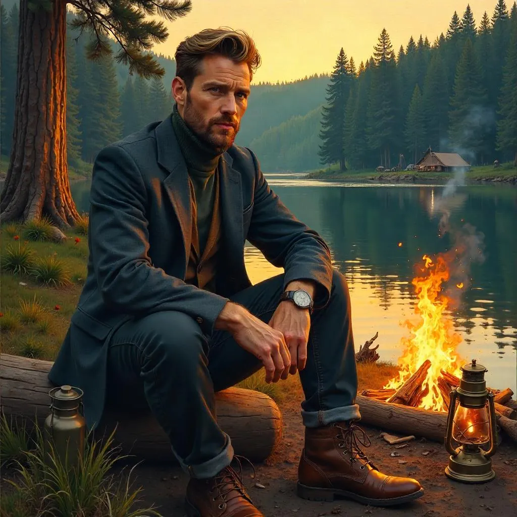 Stylish White Man at Campsite in Oil Painting