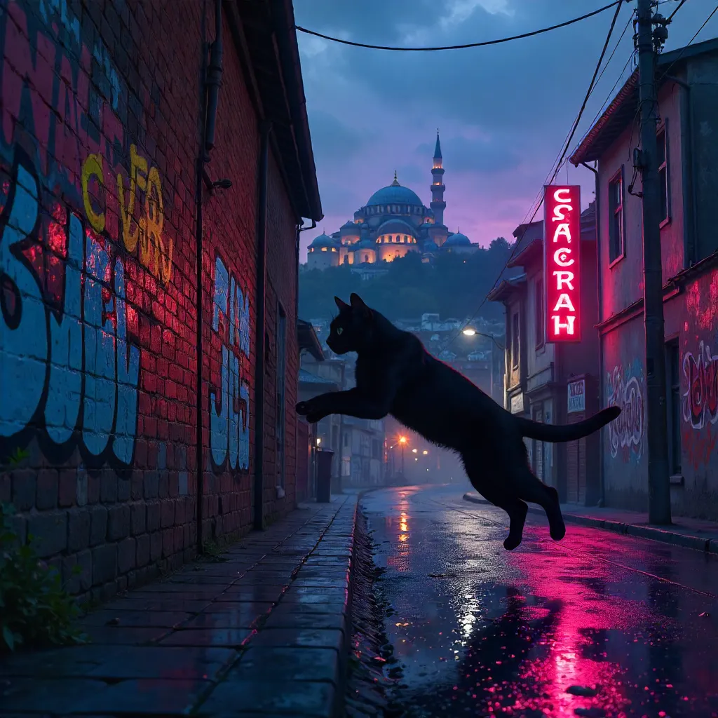 Mid-Leap Black Cat Against Istanbul Graffiti Wall