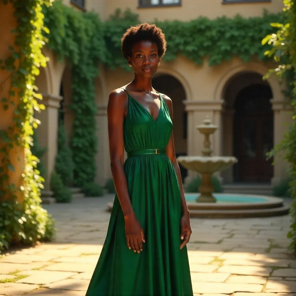 Elegant Black Girl in a Sunlit Courtyard