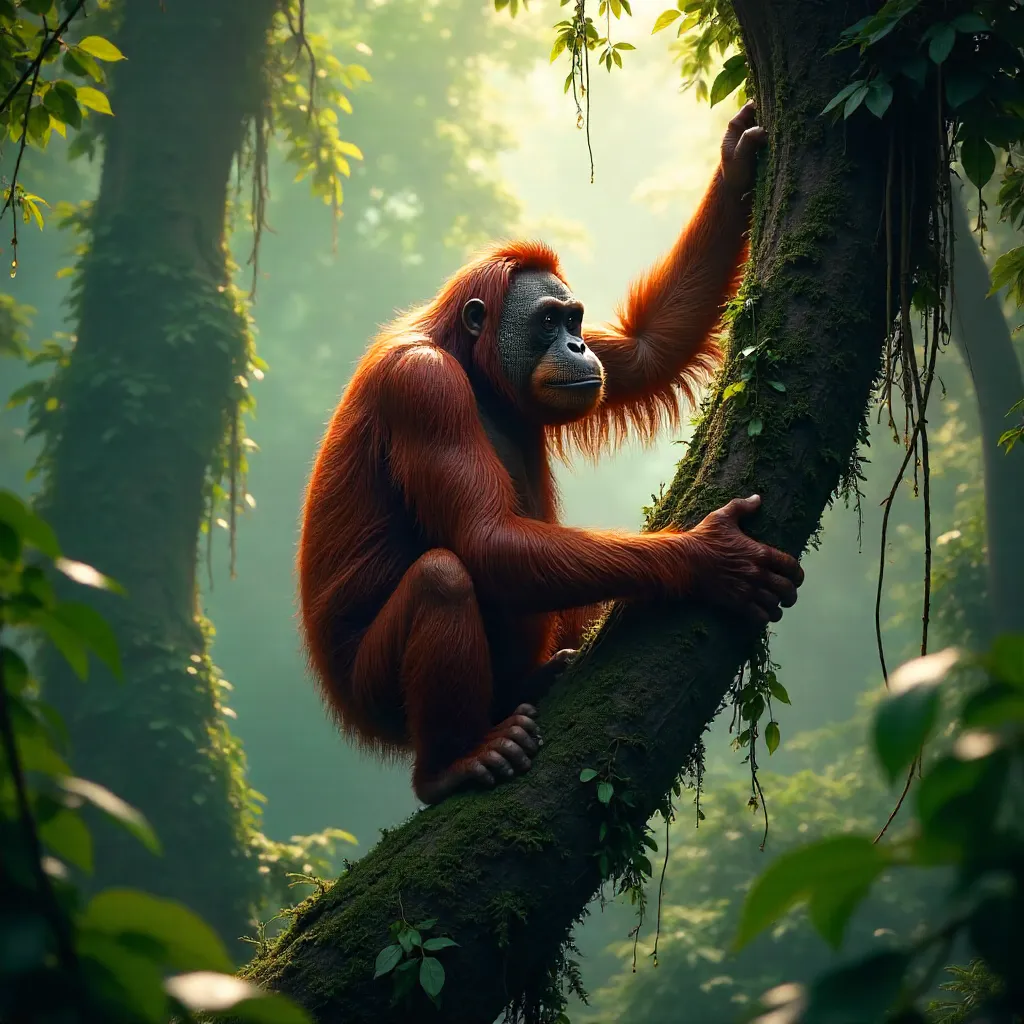 Majestic Sumatran Orangutan Ascends in Rainforest Canopy
