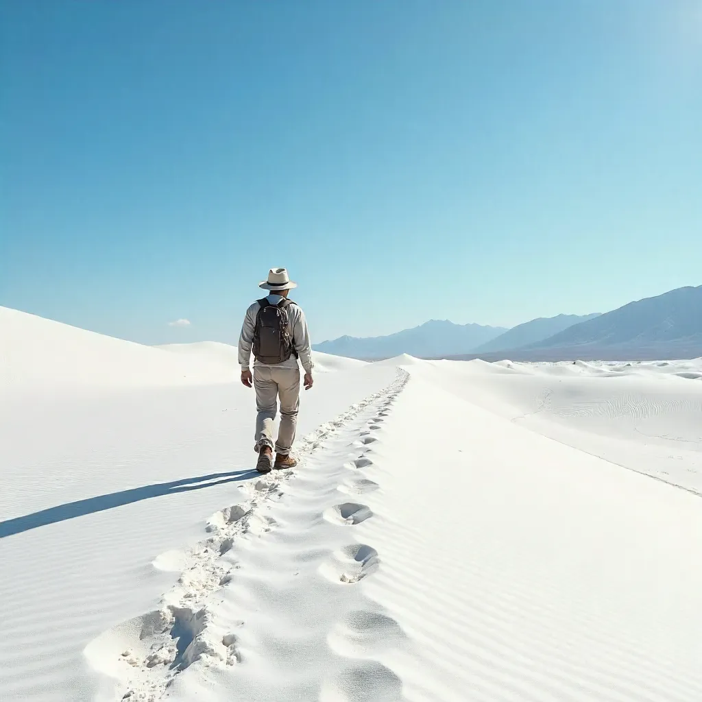 Solitary Hiker Among White Sands