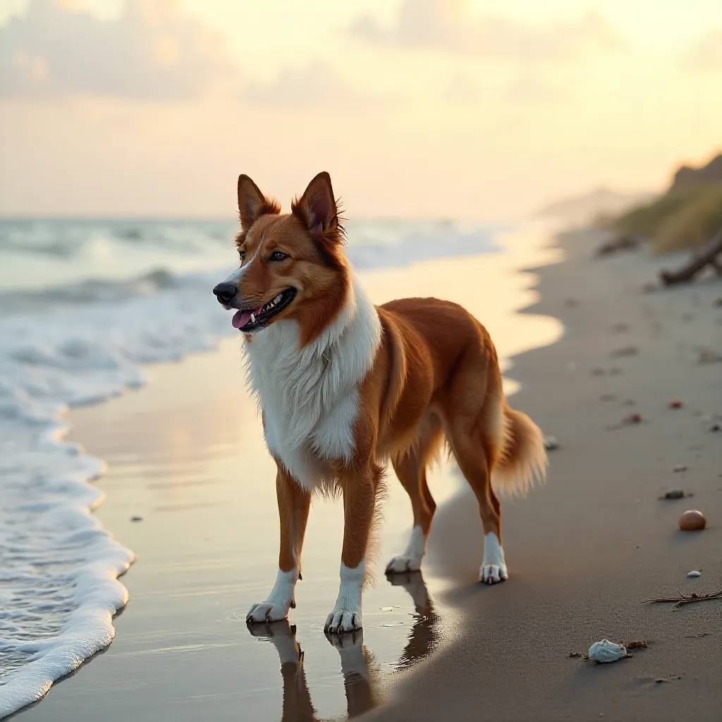 Brown Border Collie on a Deserted Beach at Dusk