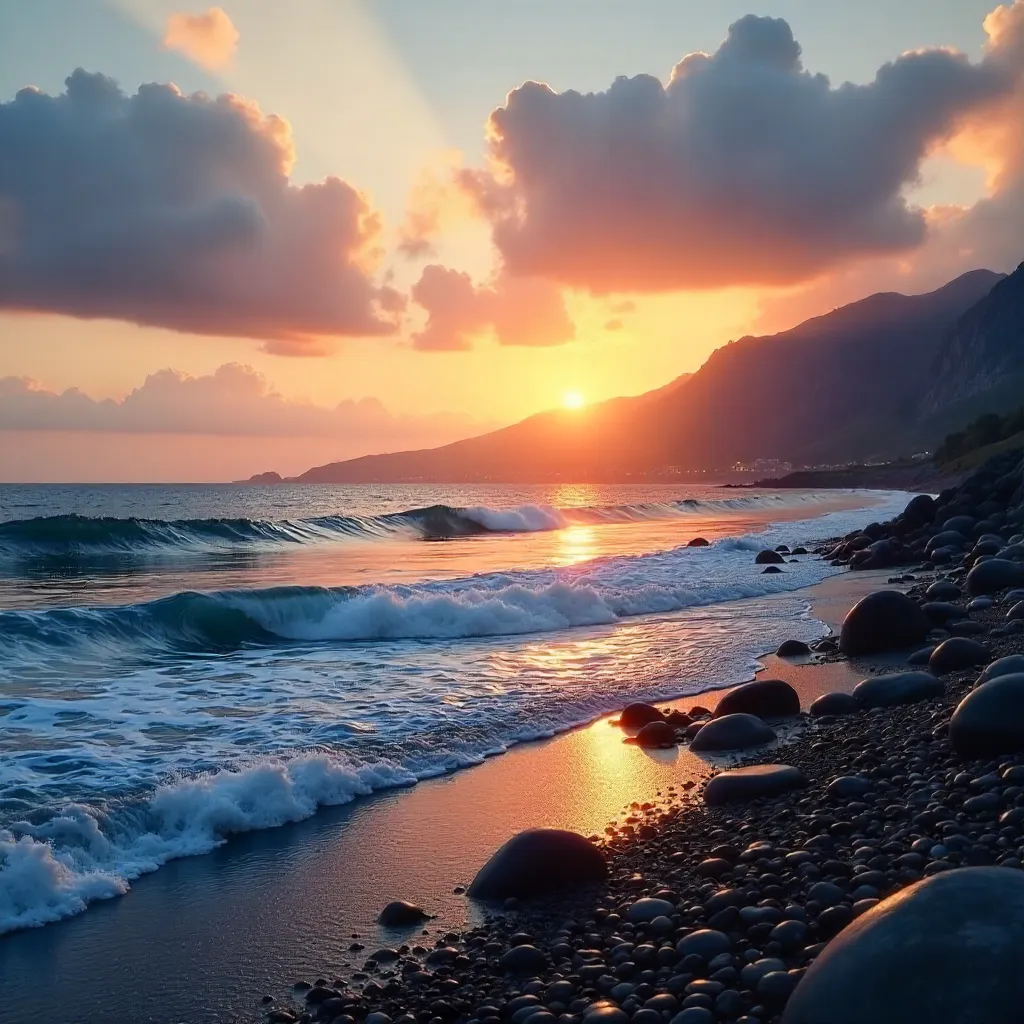 Peaceful Sunset: Ocean Waves and Mountain Vista