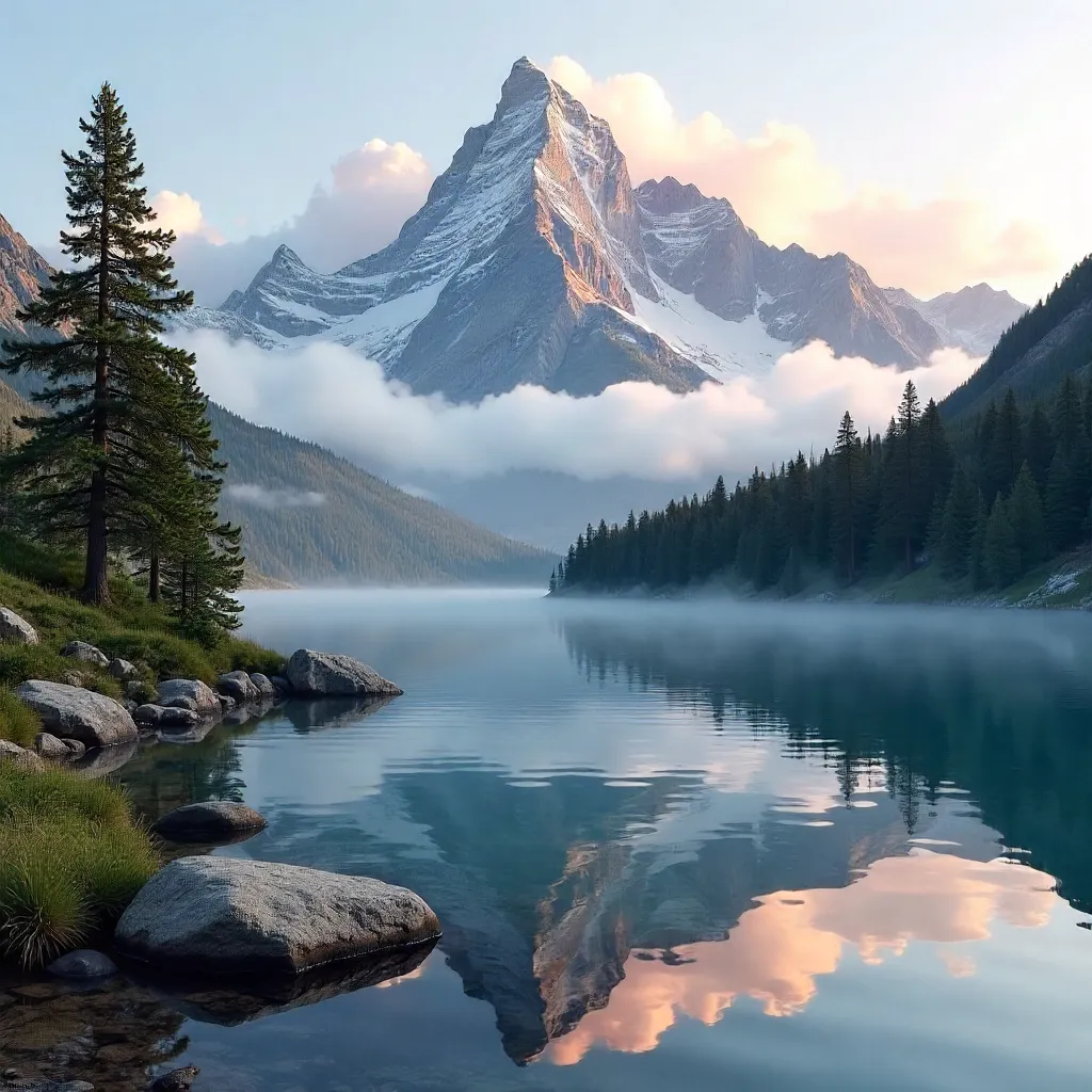 Serene Mountain Shrouded in Clouds: A Tranquil Alpine Vista