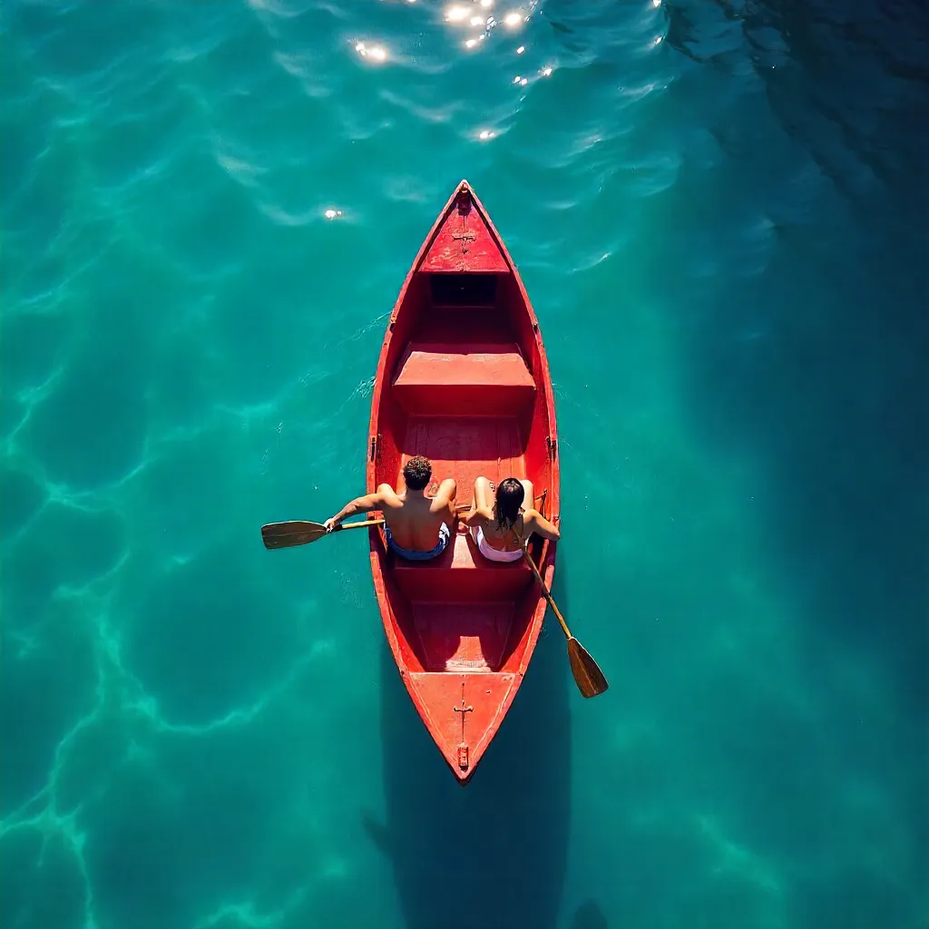 Bird's-Eye View: Two in a Red Boat on Blue Water