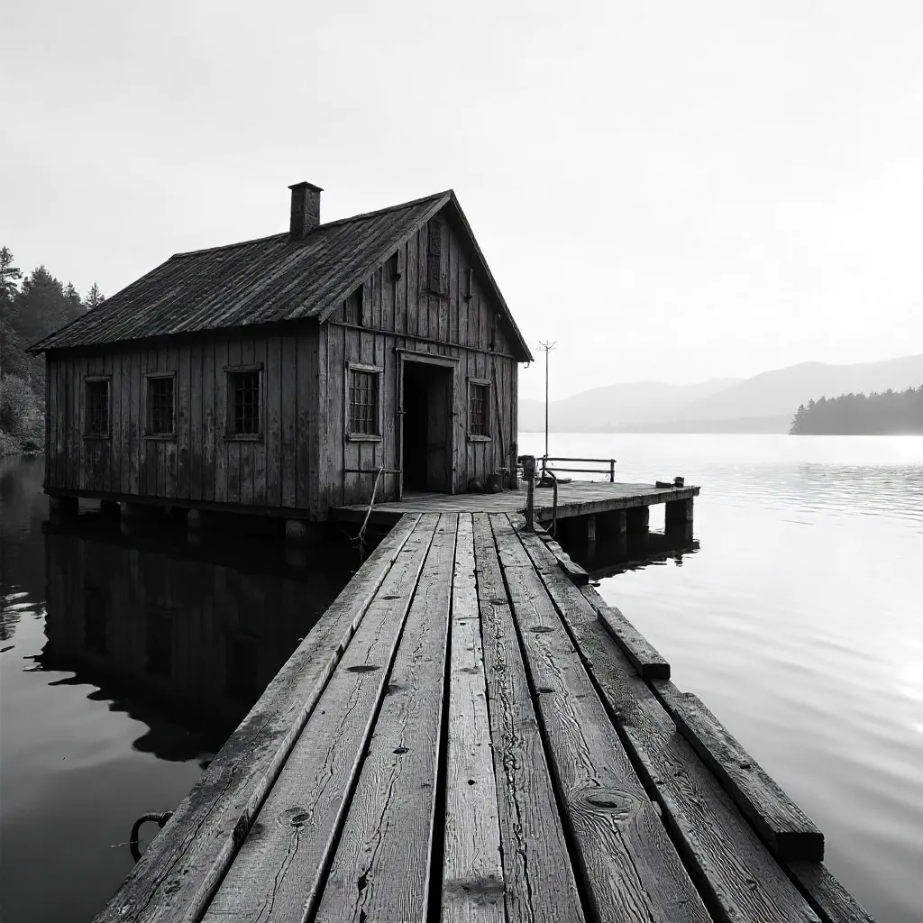 Monochrome Waterfront Warehouse in Silent Landscape