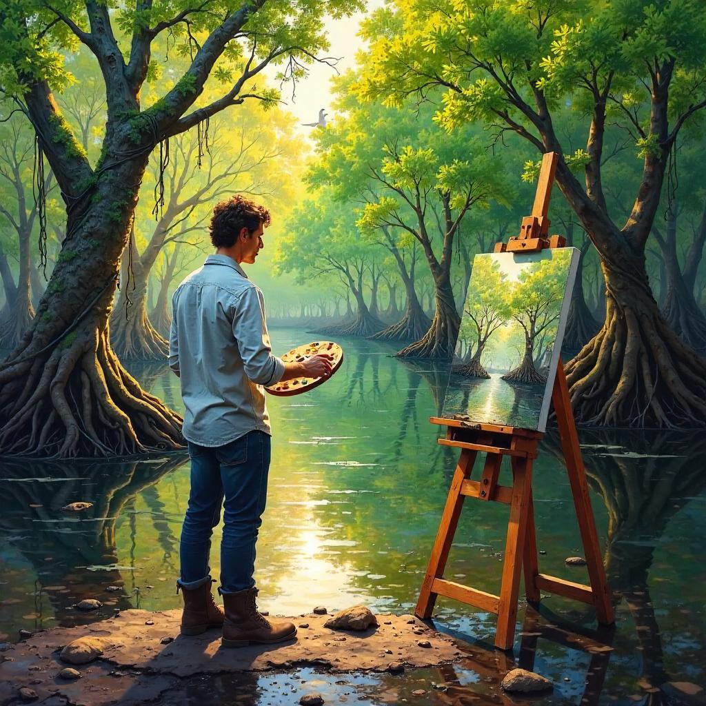An Artist Painting in a Mangrove Swamp