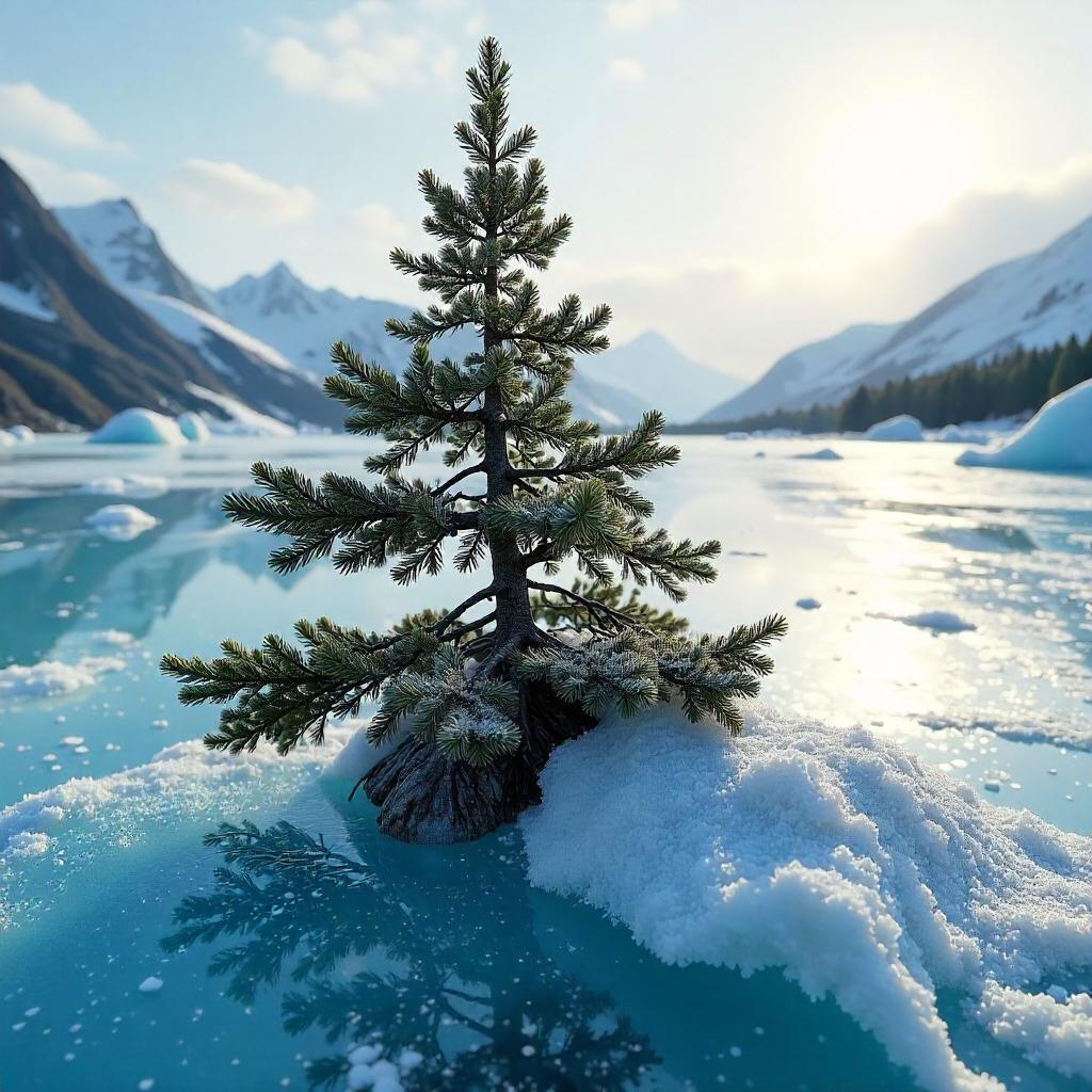 Lone Conifer on a Polar Glacier (Photorealistic)