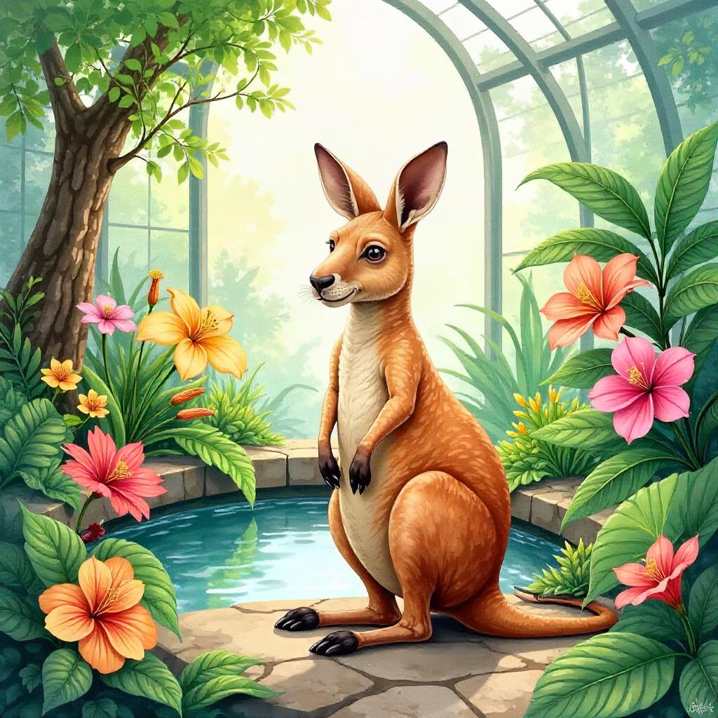 Watercolor Kangaroo in a Blooming Botanical Garden