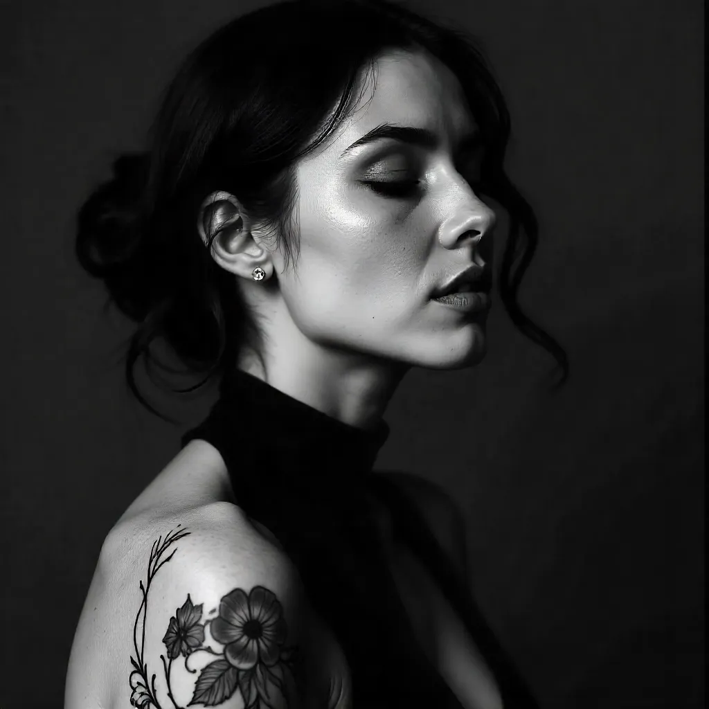 Chiaroscuro Portrait of a Tattooed Woman with Closed Eyes