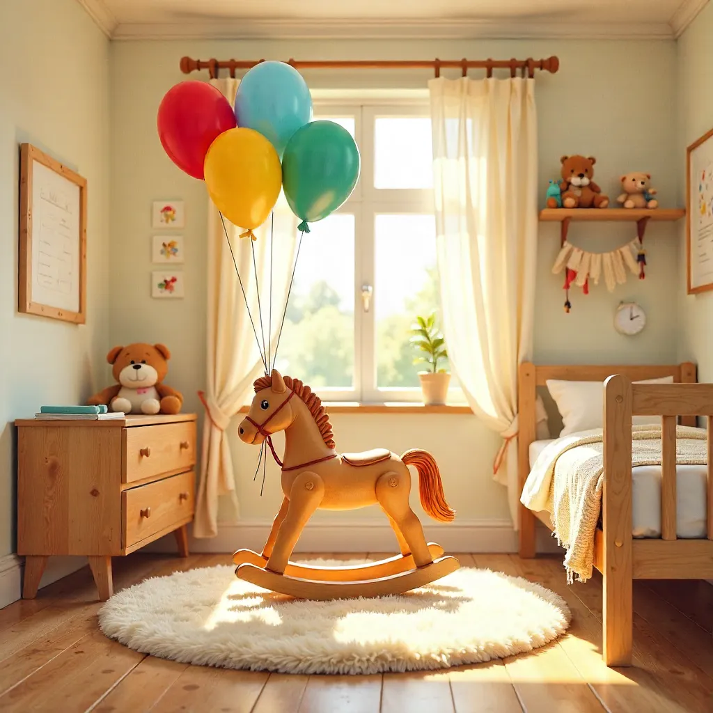 Cozy Nursery with Wooden Rocking Horse and Balloons