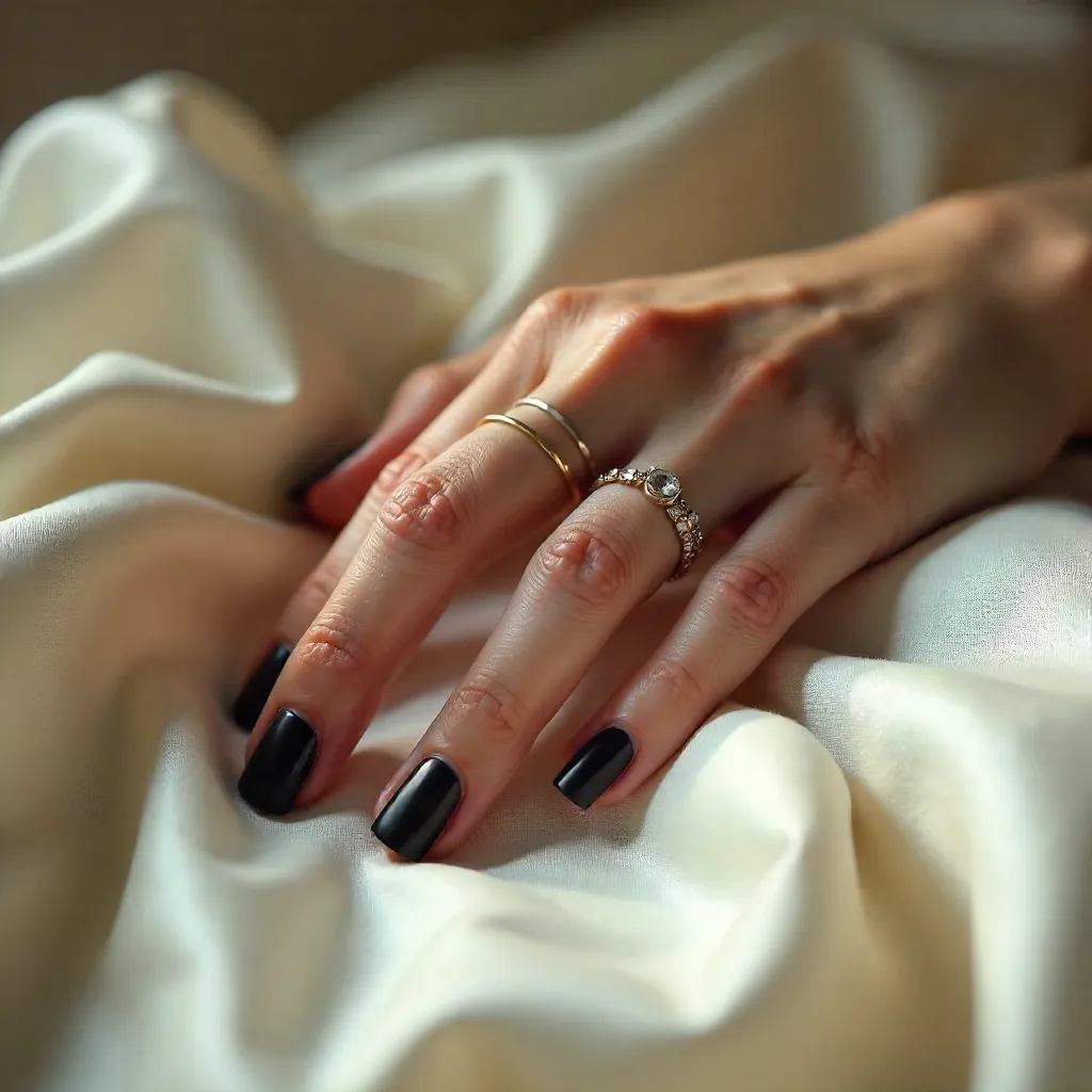 Elegant Hand on White Silk with Black Nails and Rings