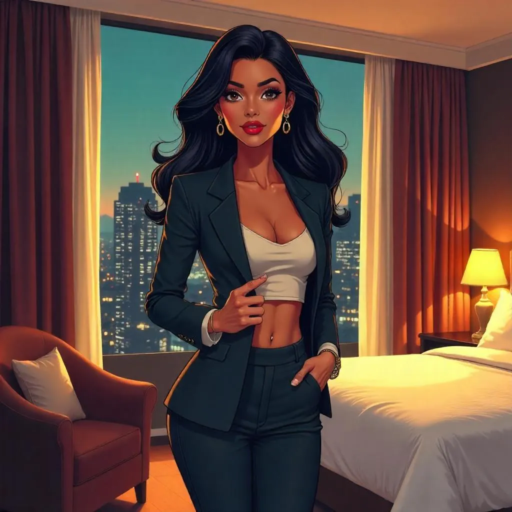 Confident Latina in a Modern Hotel Room (Anime Style)