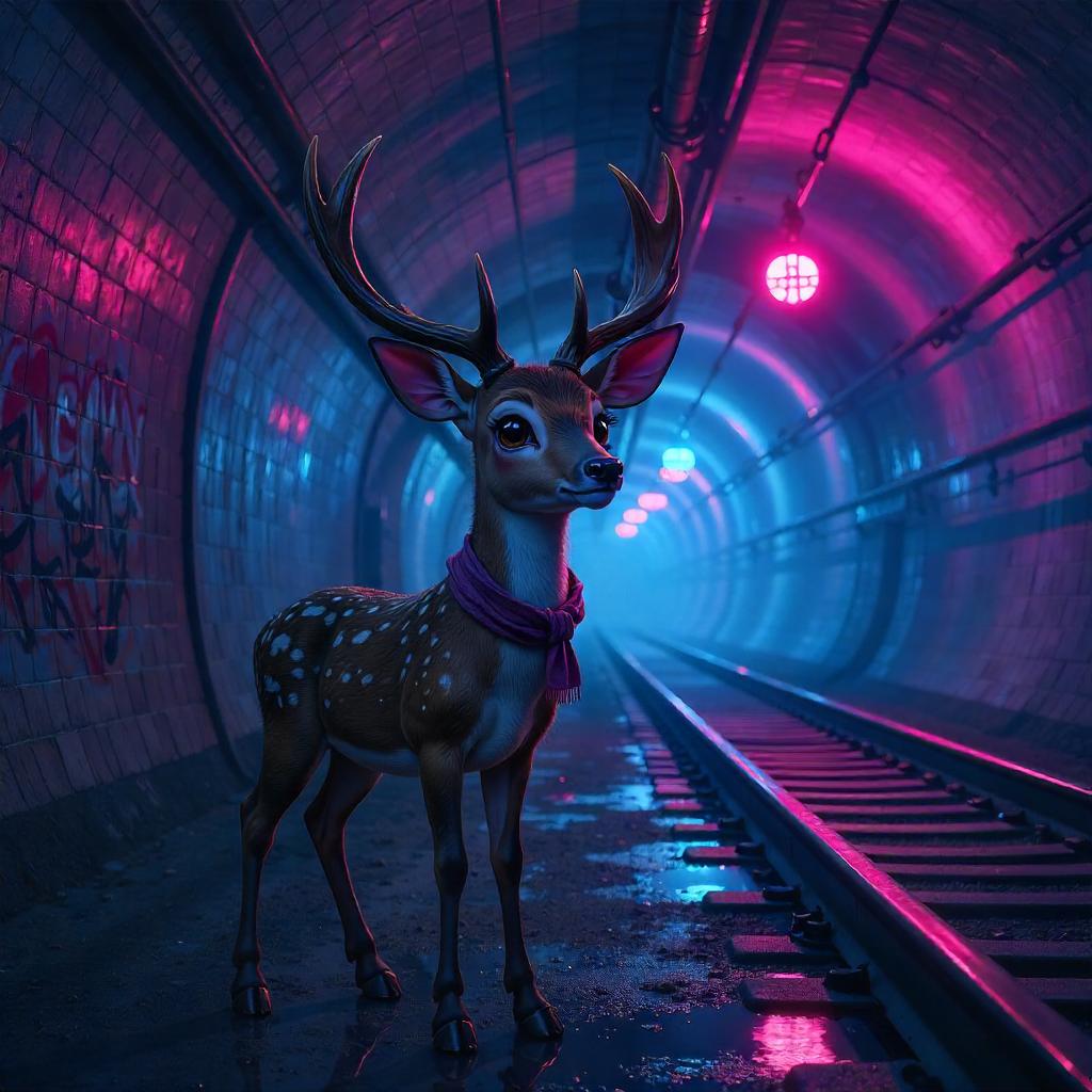Neon Deer in the Subway Tunnel (Anime Style)