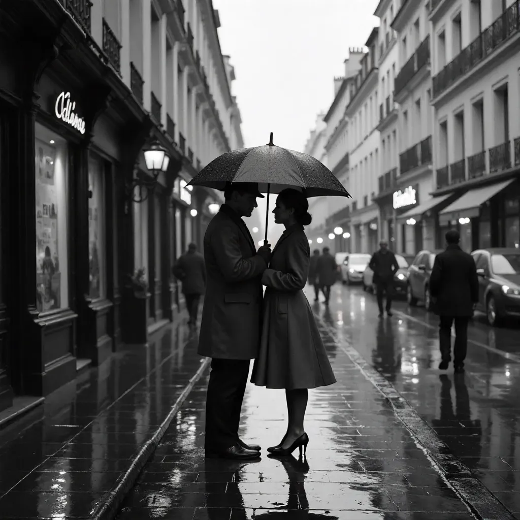 Rainy Paris: A Couple Under One Umbrella