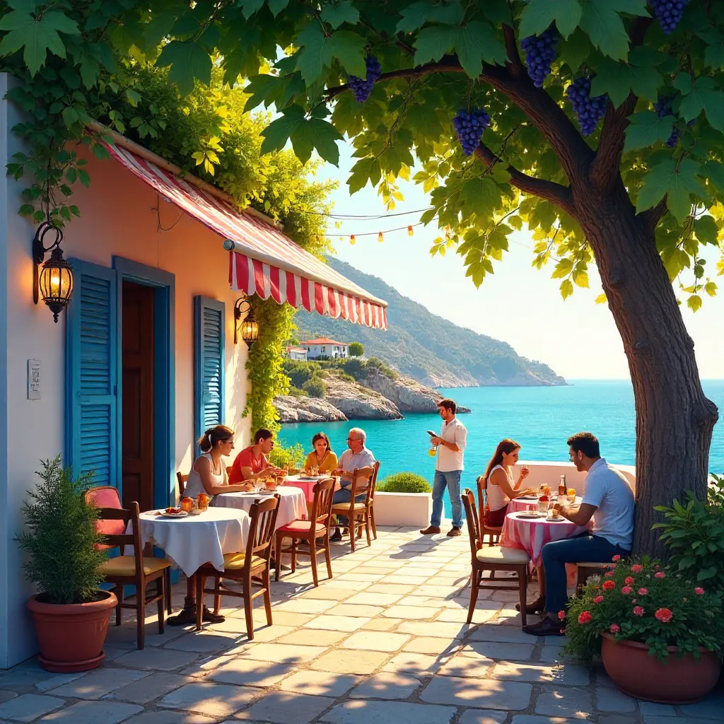 Grapevine-Draped Bozcaada Café at Golden Hour