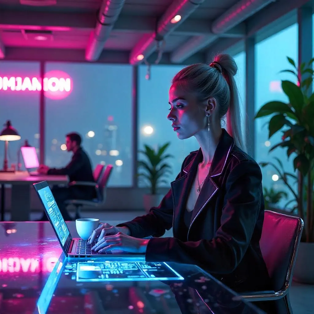 Neon Elegance in a Cyberpunk Coworking Space