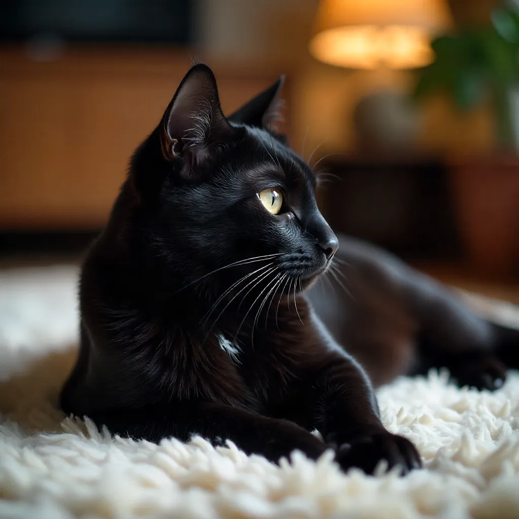 Close-Up of a Black Cat Lounging on a Plush Rug