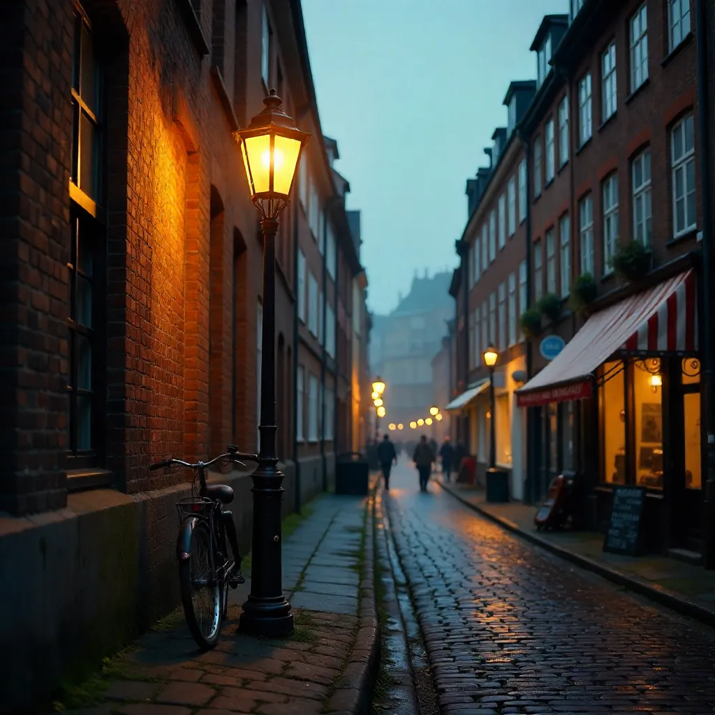 Glowing Vintage Lamp Over Copenhagen Corner