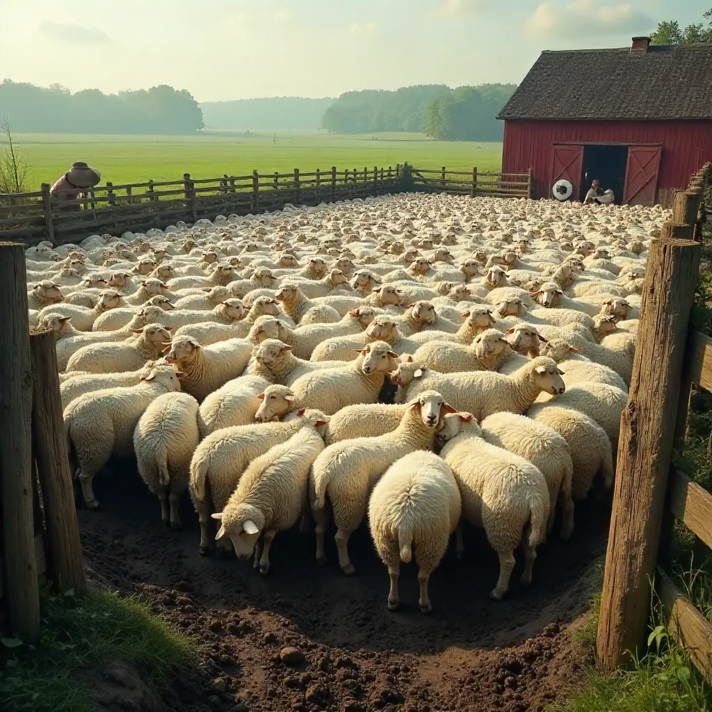 Dense Flock in a Rural Sheep Farm Enclosure