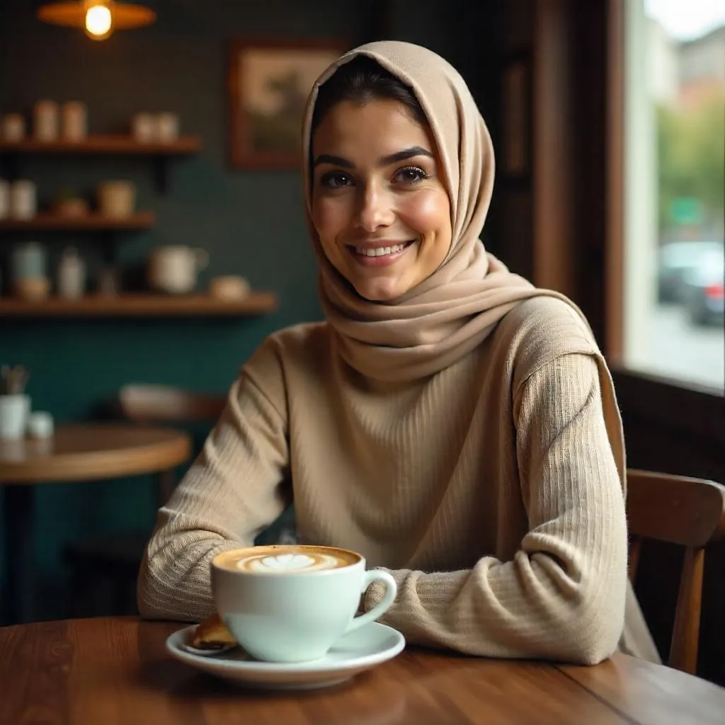 Cozy Coffee Shop Portrait of a Middle Eastern Woman
