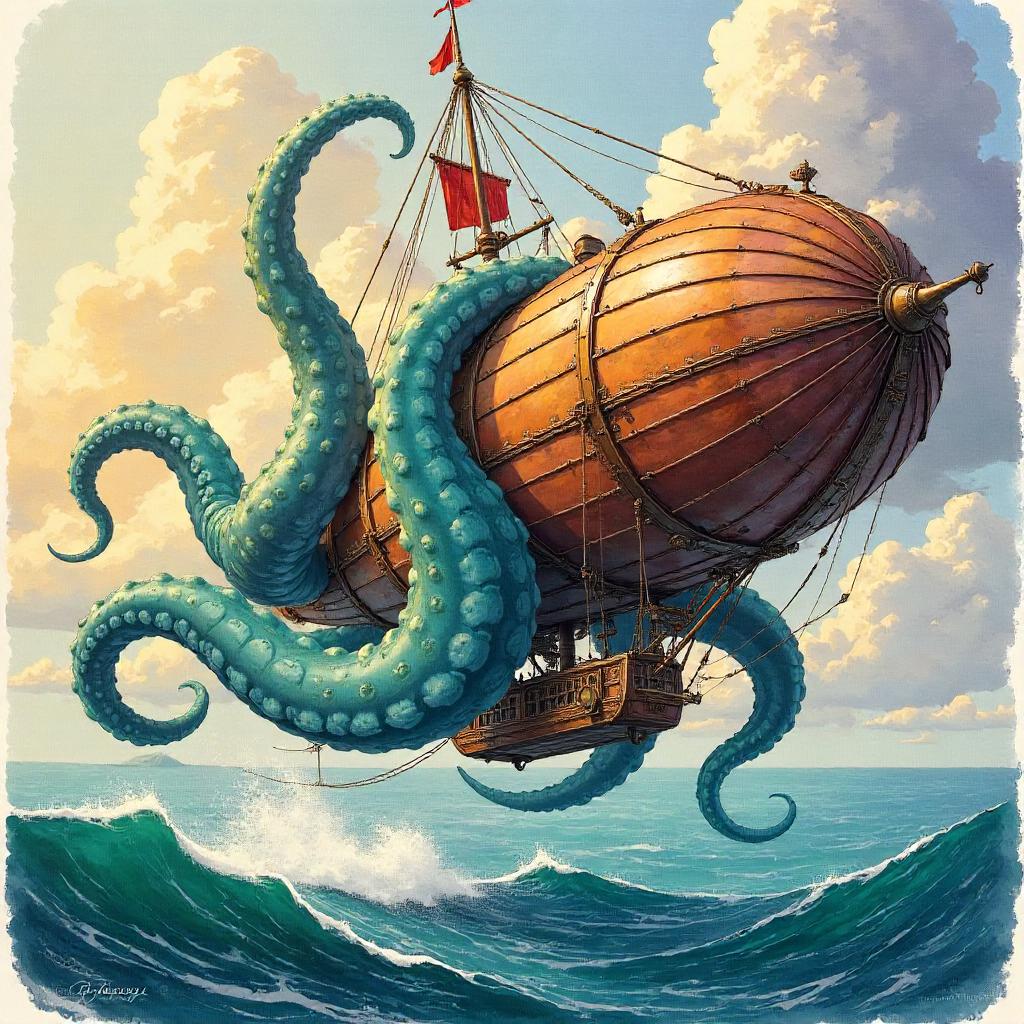 Kraken Aboard a Watercolor Airship