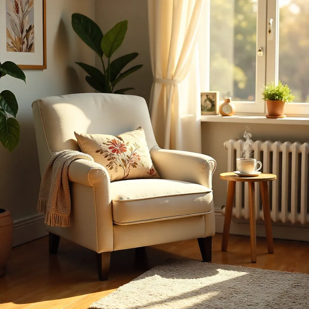 Sunlit Cozy Chair with Pillow and Coffee