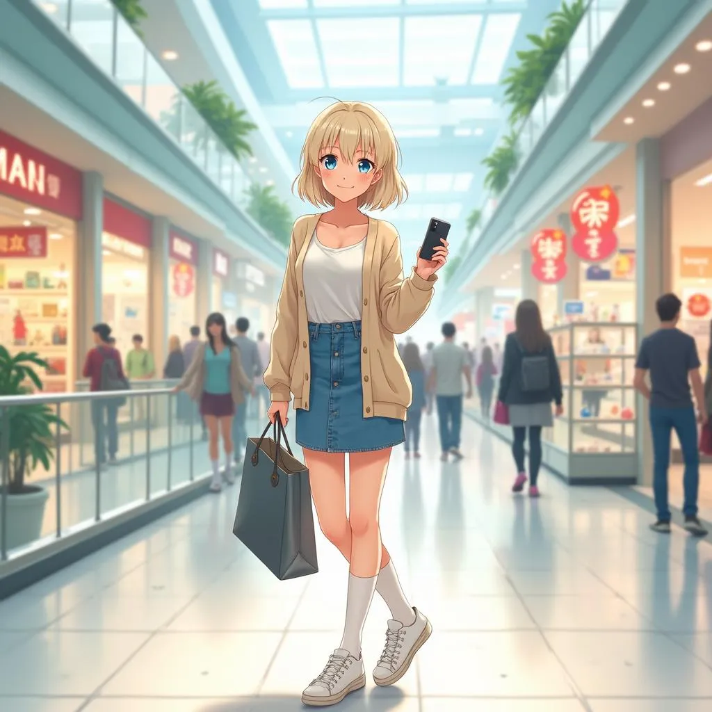 Anime-Style Young Woman in a Shopping Mall
