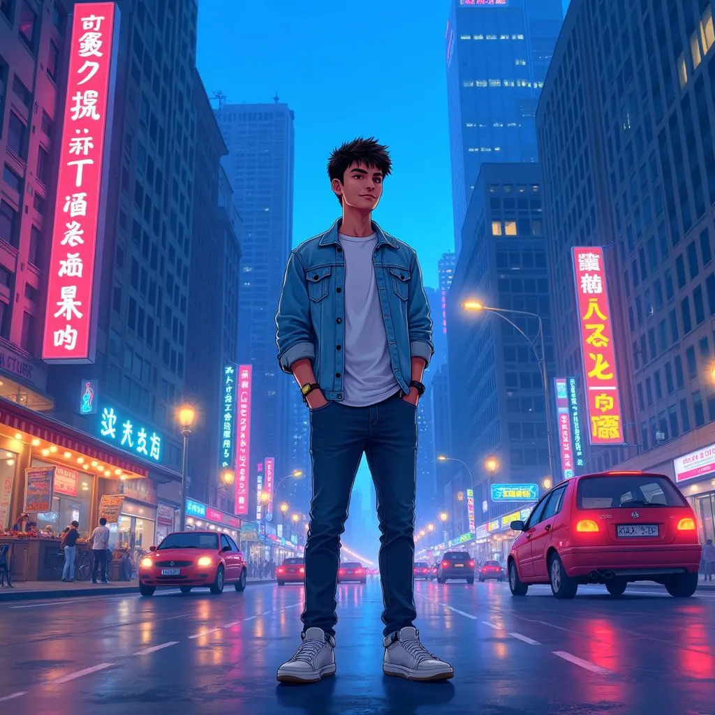 Late-Night Neon Downtown: Indian Man in Anime Style