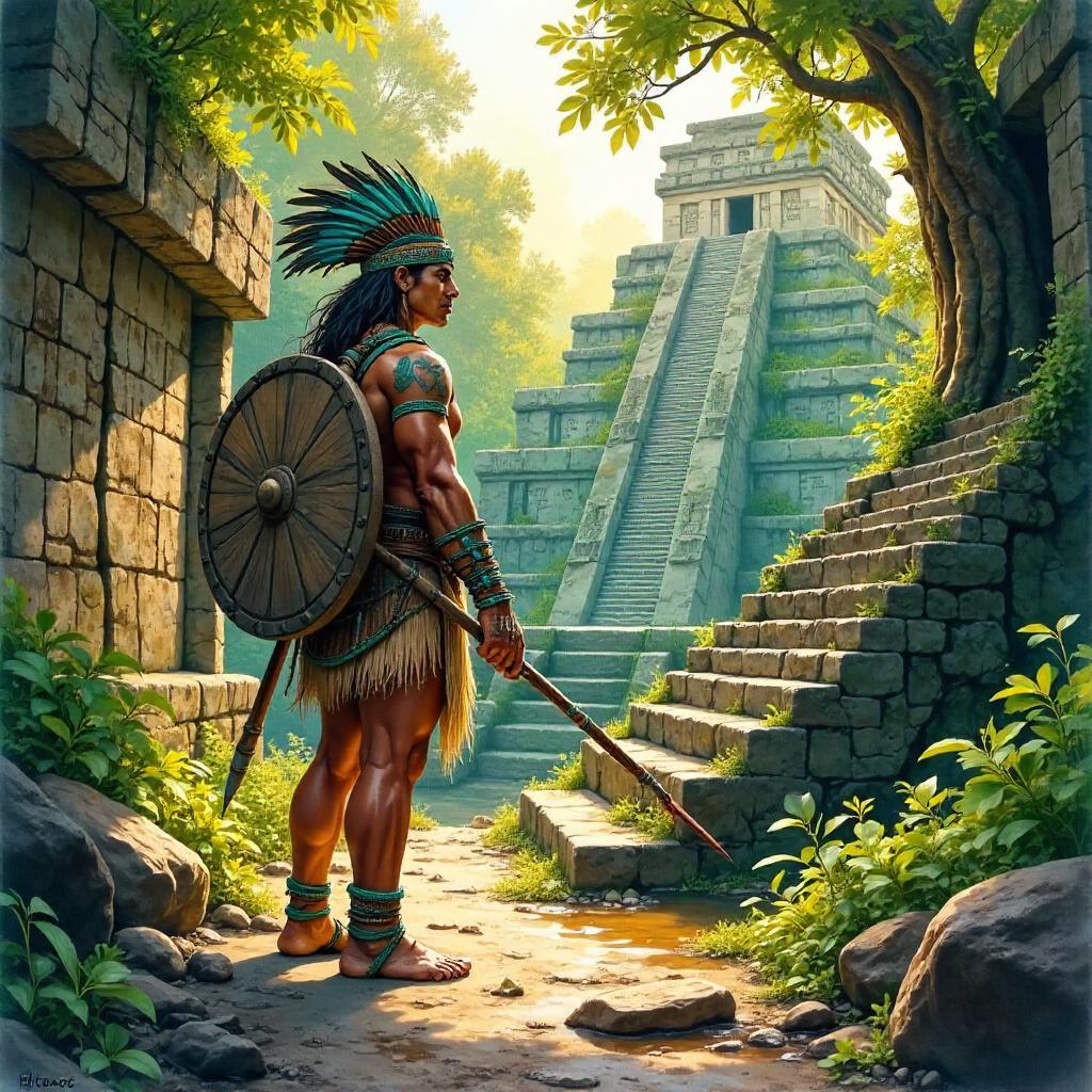 Watercolor Warrior in Mayan Ruins