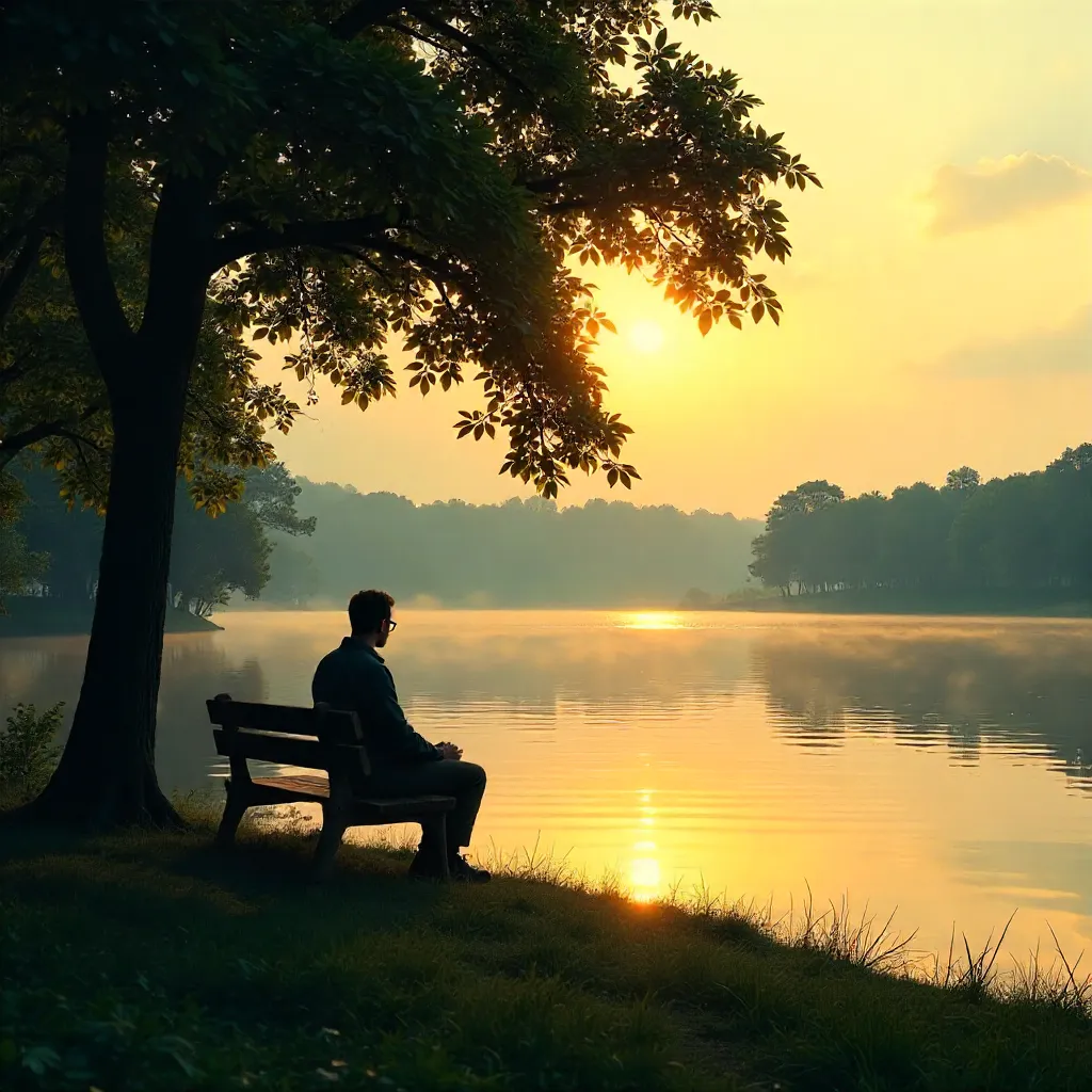 Golden Hour Silhouette on a Lakeside Bench Under Trees
