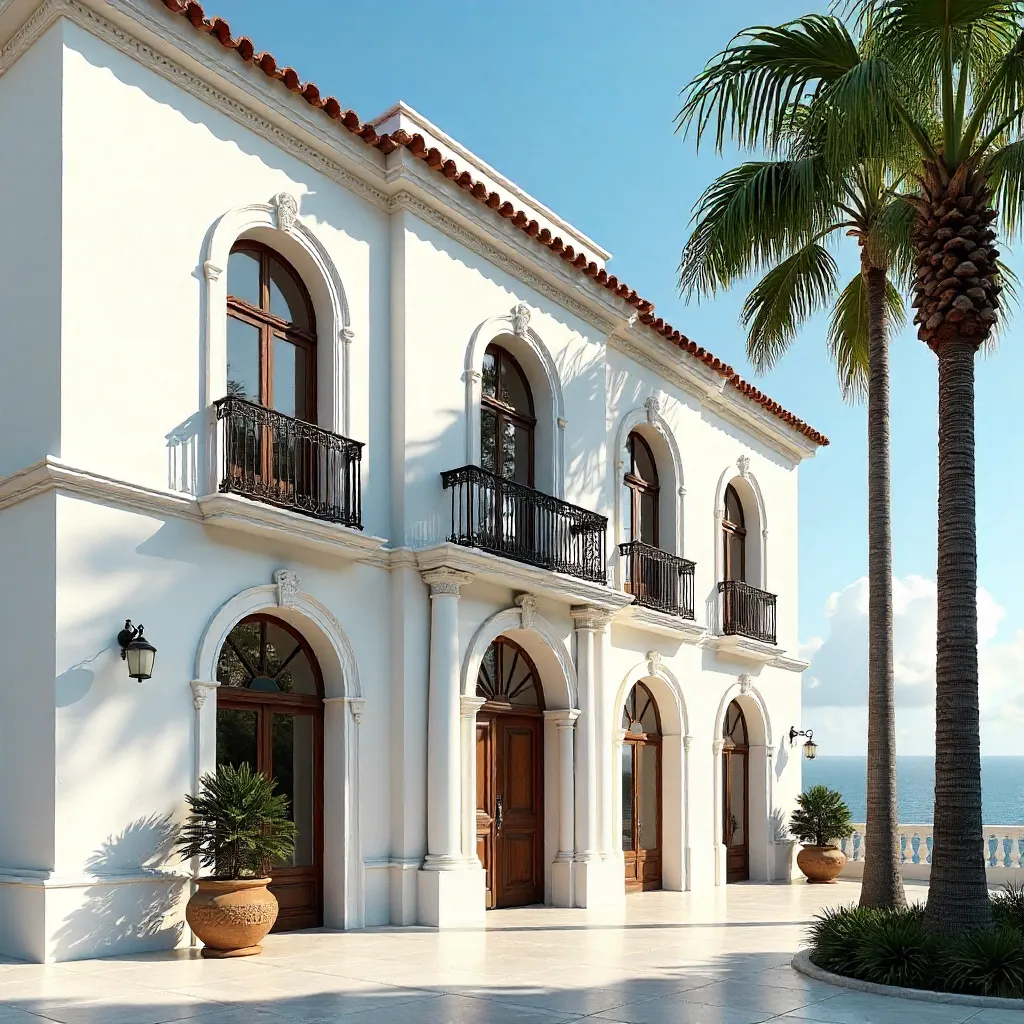 Elegant Facade with Palm Under Clear Sky