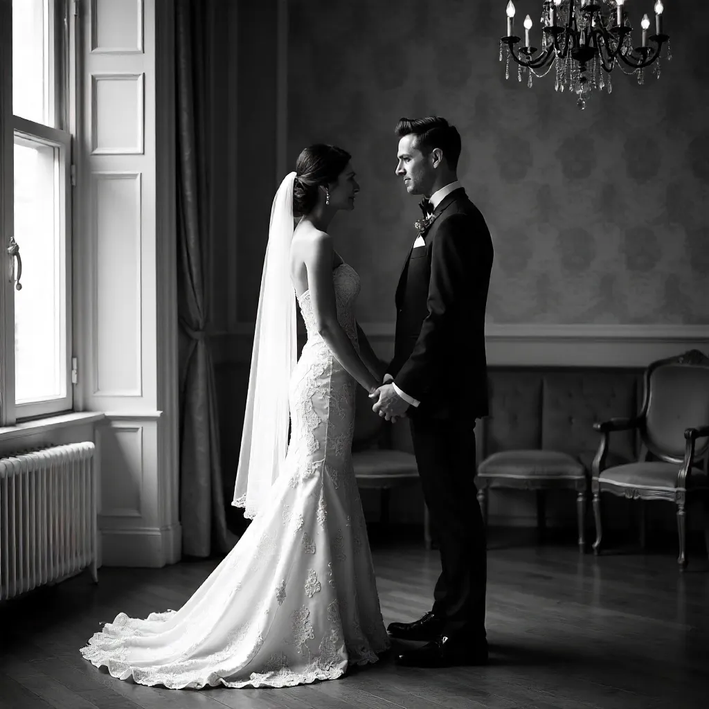 Monochrome Indoor Wedding: Couple Holding Hands
