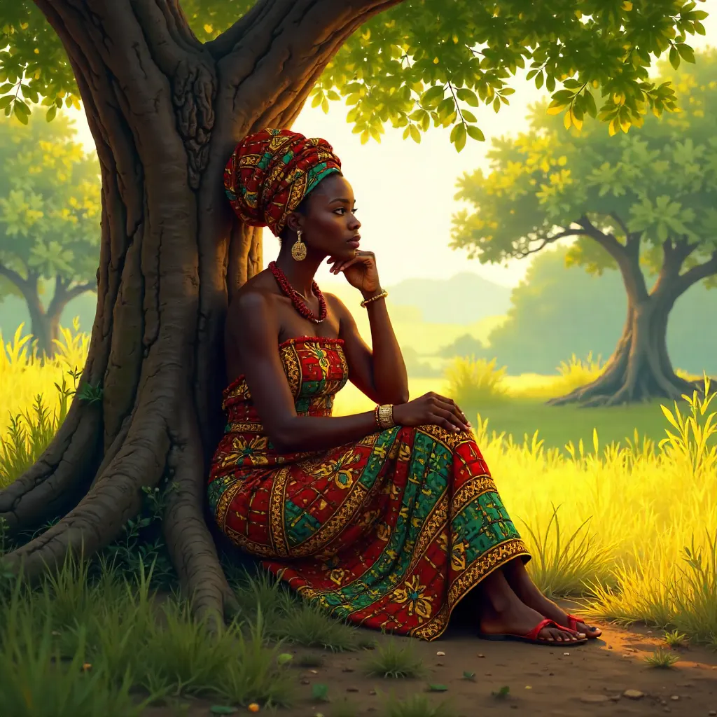 Thoughtful Woman by a Tree in Colorful African Attire