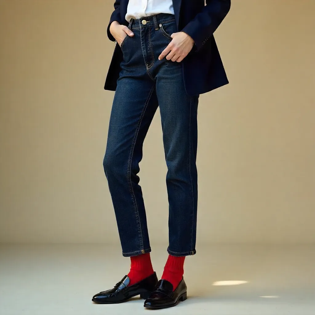 Chic Denim Look: Red Socks & Shiny Loafers