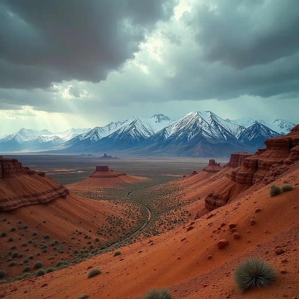 Snow-Capped Peaks Against Utah Desert Under Stormy Skies