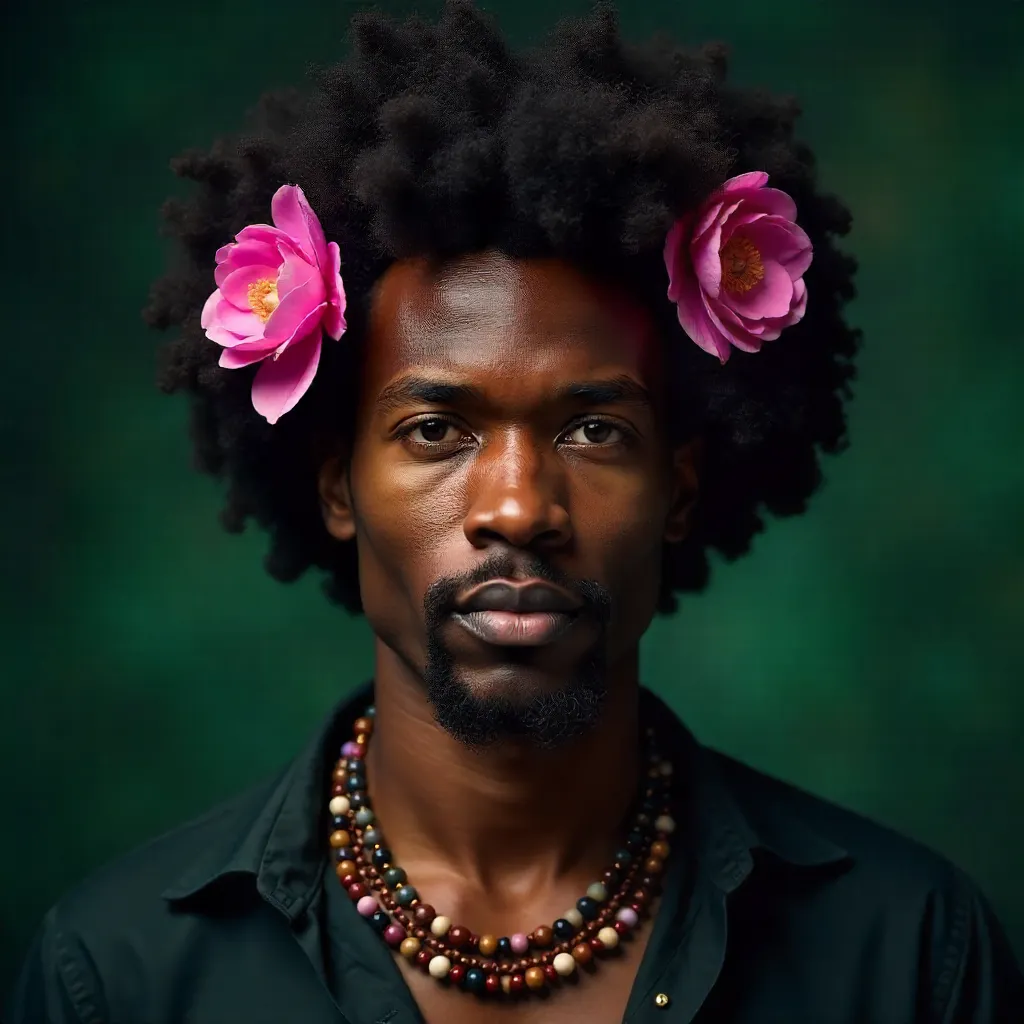 Floral Afro Portrait with Beaded Necklace