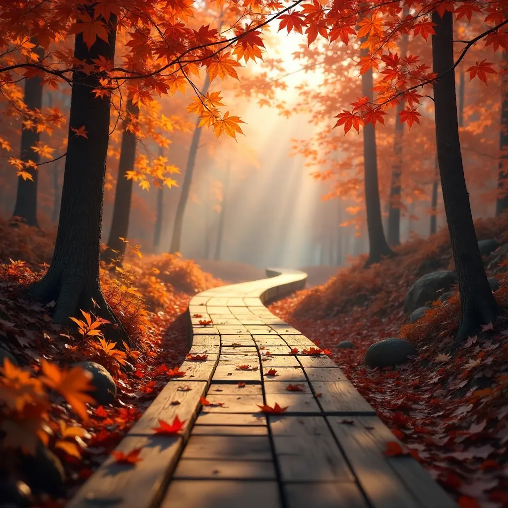 Golden Autumn Boardwalk Through Maple Canopy