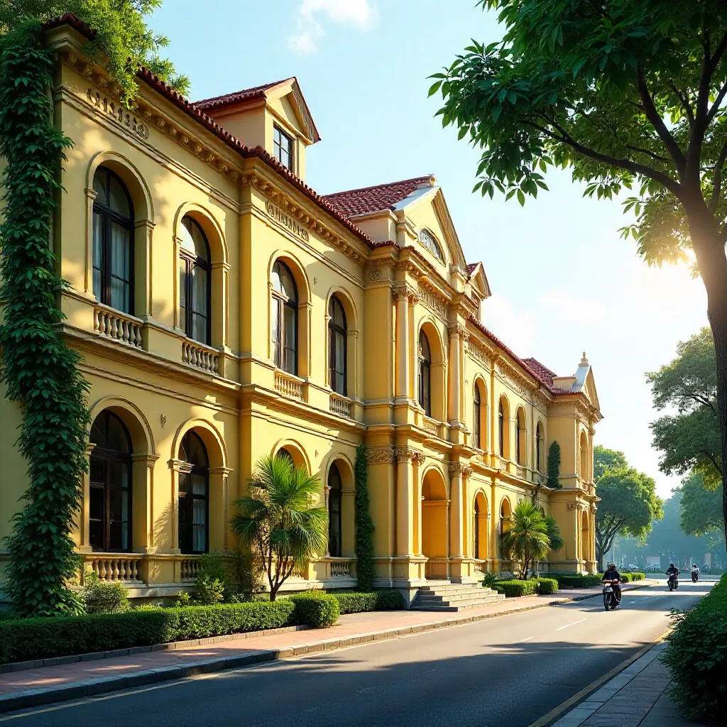 Yellow Colonial University in Lush Hanoi Gardens