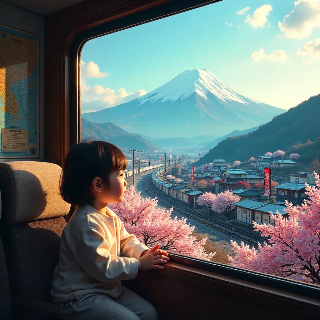 Child Gazes Out Train Window over Japan's Mountains and Streets