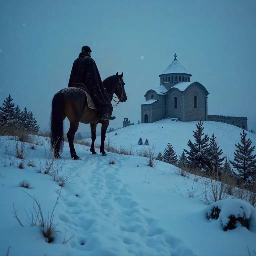 Silhouette of a Horseman over Snowy Armenian Landscape