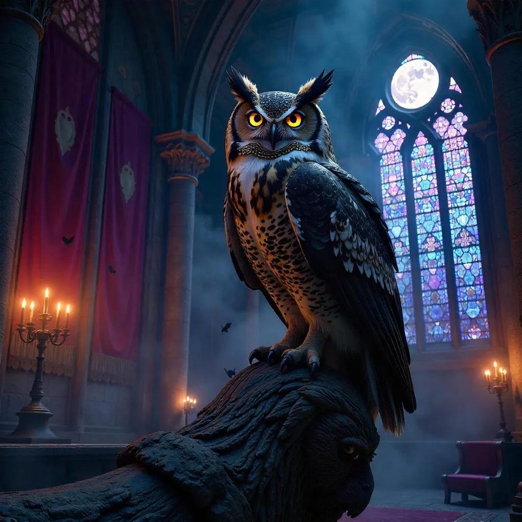 Photorealistic Owl in a Gothic Vampire Castle
