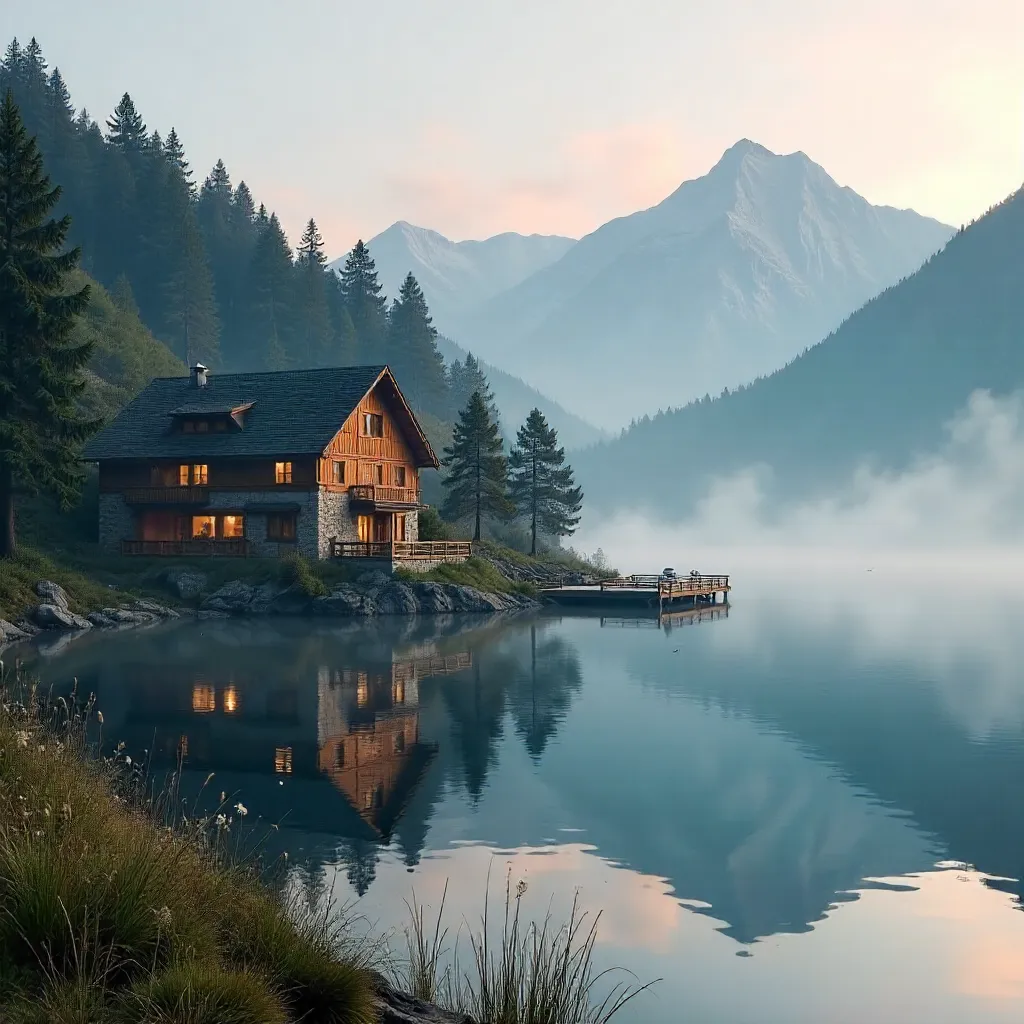 Mist-Kissed Lakeside Hotel in Forested Mountains