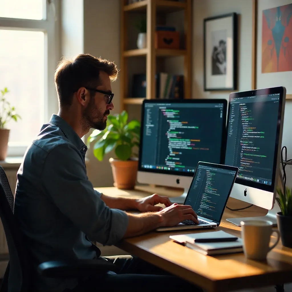 Multitasking Coder in a Home Office